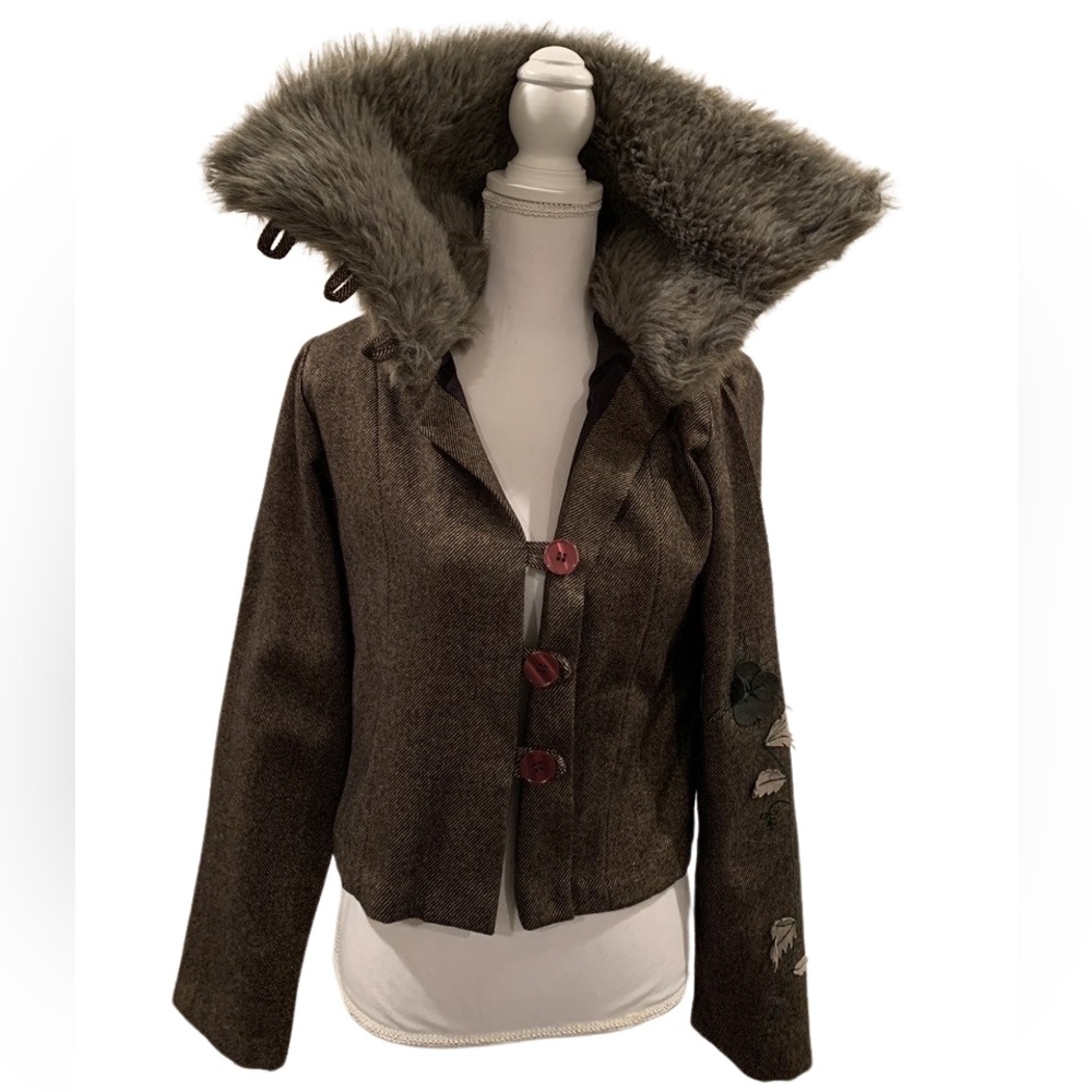 NWT Vintage 1998 Yantha Faux Fur Collar Jacket Blazer Embroidered Boho Chic  Med - Picture 3 of 7